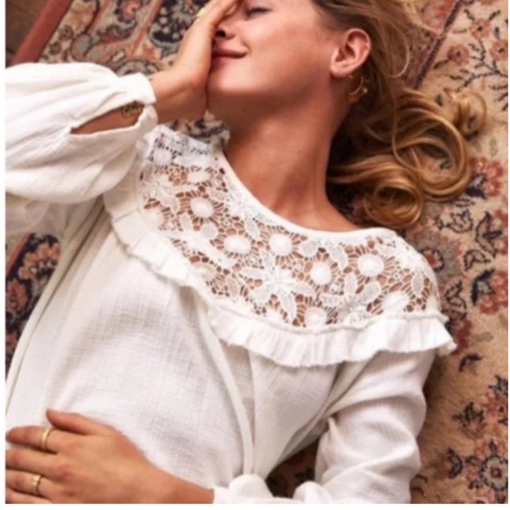 Sezane Maggy Cream Crochet Lace Boho Long Sleeve Top